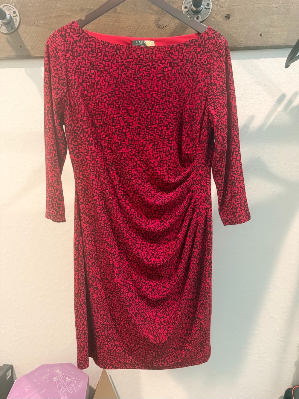 Ralph Lauren Red and Black Printed Long Sleeve Ruched Shift Dress